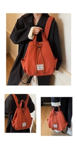 Orange canvas backpack shown in side, back, and handheld views with drawstring detail