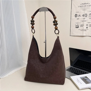 Retro PU Leder Einkaufstasche Mit Holzperlen-Schultergurt Große Kapazität Mode Hobo Schultertasche Für Damen Casual Pendler Tasche