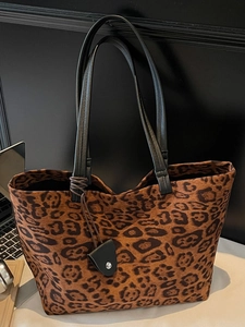 Sac à Bandoulière en Daim Imprimé Léopard Sac Fourre-tout Grande Capacité pour Femme Mode Automne Rétro Sacoche Décontractée