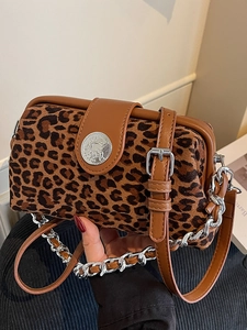 Sac à Épaule en Flanelle à Imprimé Léopard Vintage pour Femmes Mode Chaîne en Métal Sac Bandoulière Simple Sac à Main Carré Fête