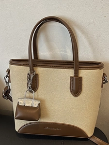 Fashion Women Handbag PU Leather Canvas Splicing Vintage Shoulder Crossbody Bag Minimalist Bucket Tote Bag With Mini Bag Charm