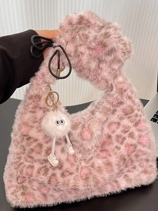 Damen Plüsch Leopardenmuster Tote Bag Große Kapazität Kunstfell Umhängetasche Mit Monster Anhänger Winter Mode Pendeltasche