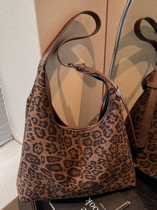 Retro Leopard Print Hobo Shoulder Bag For Women Large Capacity Suede Tote Bag Trendy Casual Commuter Crossbody Handbag