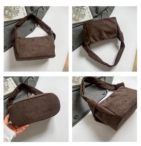 Sac sous le bras en daim marron montrant les vues de face, de dessus et du dessous