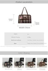 Detail view of retro plaid Boston bag showing PU leather texture and size specifications