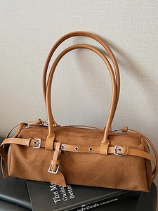 Women's Suede Baguette Underarm Shoulder Bag Minimalist Commuting Boston Bag Retro Solid Color Handbag With Buckle Decoration