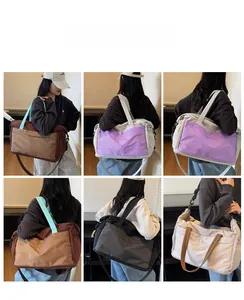 Collage of large capacity travel bags in various colors shown on models for size scale