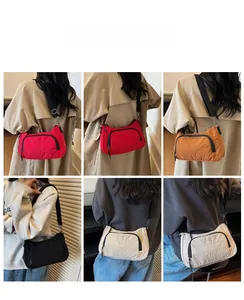 Collage of fashion crossbody canvas bags in various colors shown on models for size reference