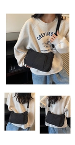 Three-way view of a black nylon crossbody bag featuring adjustable straps and silver buckles