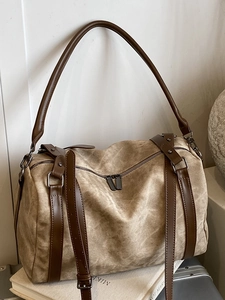 Vintage khaki canvas Boston bag with brown leather straps and large capacity