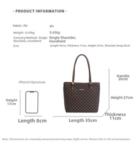 Brown checkered tote bag dimensions 35x27x11cm shown next to a smartphone for scale