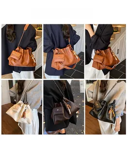Collage of leather bucket bags with drawstring and colorful beads in four colors