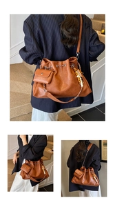 Detail of brown litchi pattern bucket bag with ethnic wooden beads and mini pouch