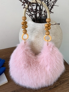 Borsa Sottobraccio in Ecopelliccia da Donna Tracolla Vintage con Perline di Legno Borsa a Spalla in Peluche Tinta Unita Autunno Inverno