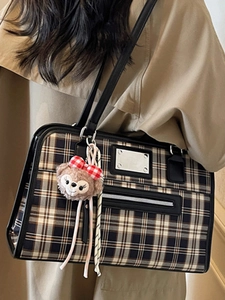 Vintage plaid tote bag with luxury leather trim and cute plush bear charm decoration