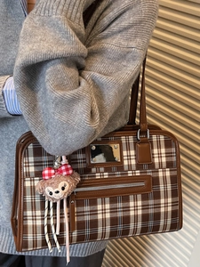 Classic retro brown plaid tote bag with vintage leather stitching and cute bear charm