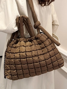 Brown quilted nylon puffer tote bag with large capacity and shoulder strap for women