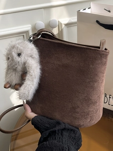 Women Frosted Polyester Bucket Shoulder Bag With Rabbit Charm Minimalist Korean Fashion Handbag Crossbody Bag For Women