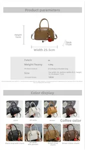 Detailed spec sheet showing PU leather Boston bag dimensions and multiple color options