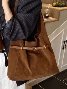 Retro large brown suede tote bag with leather strap and gold buckle for casual commute