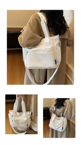 Detailed views of white nylon tote bag showing adjustable straps and multi-zipper pockets