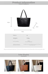 Detailed size chart and multi-color options for the large quilted chevron tote bag