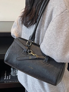 Vintage large capacity black textured leather underarm bag for women with gold hardware