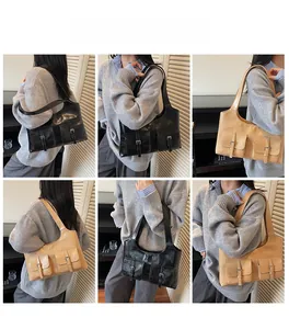 Detail shots of modern multi-pocket tote bags in black and khaki with glossy pleated finish