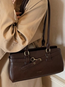 Vintage large capacity dark brown Boston pillow bag with elegant gold buckle detail