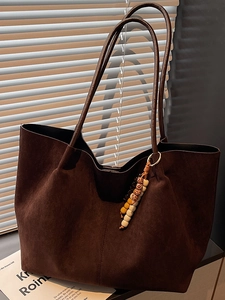 Large dark brown suede tote bag with bohemian beaded tassel for office and commuting