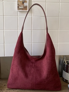 Minimalist burgundy suede hobo shoulder bag with leather strap and large capacity