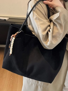 Large black minimalist suede tote bag with beaded charm for women's office commute style