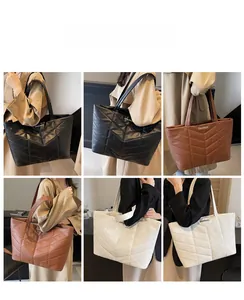 Multiple views of large quilted PU leather tote bags in black, brown, and beige colors