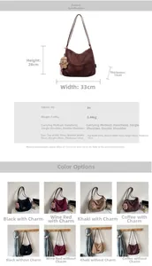 Detailed size chart for retro PU tote bag showing dimensions 33x28x14 cm and weight