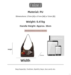 Size comparison chart for brown crescent tote bag showing dimensions and capacity scale