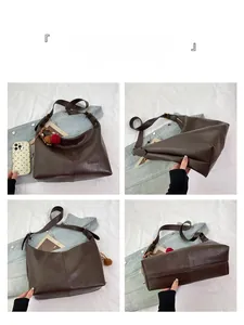 Brown PU leather tote bag details showing front back and side views with fur charms