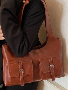 Brown vintage faux leather tote bag with large capacity and double front pockets