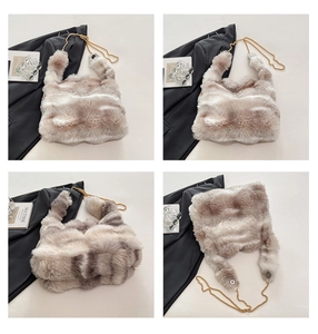 Detailed views of striped faux fur handbag with metallic chain strap and magnetic closure