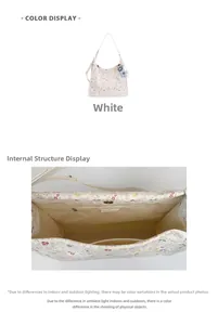 Detailed internal view of white floral tote bag with zipper pocket and spacious interior