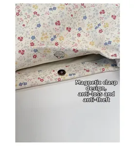 Close-up of floral tote bag with magnetic snap closure for secure and easy access