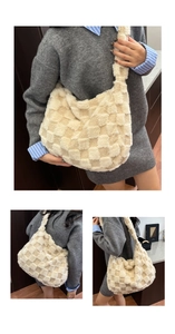 Detail of plush checkered tote bag featuring soft cream faux fur texture and large capacity