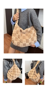 Detail of soft faux fur checkered tote bag with wide shoulder strap in beige and brown