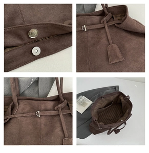 Detail view of brown suede tote bag featuring magnetic buckle and striped lining