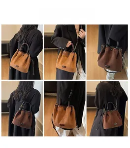 Vues détaillées du sac seau en daim vintage montrant le cordon et les détails de sangle