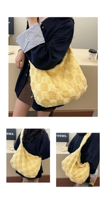Close-up of yellow checkered plush tote bag with soft faux fur texture and wide strap