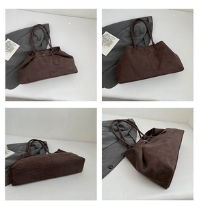 Detailed four-way view of deep brown suede tote bag showing front, back, side and bottom