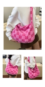 Three-view layout of large pink checkered plush hobo bag worn on shoulder and crossbody