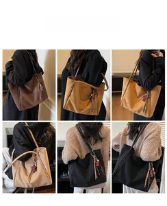 Detail shots of minimalist matte leather tote bags with cute bear charm in various colors