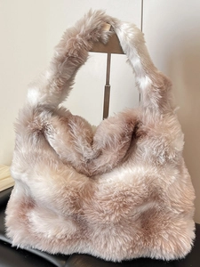 Chic faux fur tote bag for women with beige and coffee gradient plush texture for winter