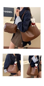 Deep brown faux leather hobo tote bag set featuring a plush bear charm and matching pouch